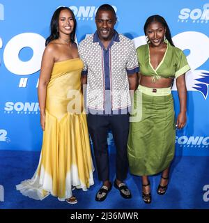 Westwood, United States. 05th Apr, 2022. WESTWOOD, LOS ANGELES, CALIFORNIA, USA - APRIL 05: Sabrina Dhowre Elba, Idris Elba and Isan Elba arrive at the Los Angeles Premiere Screening Of 'Sonic The Hedgehog 2' held at the Regency Village Theatre on April 5, 2022 in Westwood, Los Angeles, California, United States. (Photo by Xavier Collin/Image Press Agency) Credit: Image Press Agency/Alamy Live News Stock Photo