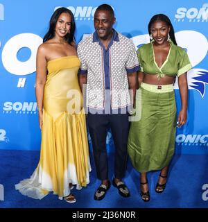Westwood, United States. 05th Apr, 2022. WESTWOOD, LOS ANGELES, CALIFORNIA, USA - APRIL 05: Sabrina Dhowre Elba, Idris Elba and Isan Elba arrive at the Los Angeles Premiere Screening Of 'Sonic The Hedgehog 2' held at the Regency Village Theatre on April 5, 2022 in Westwood, Los Angeles, California, United States. (Photo by Xavier Collin/Image Press Agency) Credit: Image Press Agency/Alamy Live News Stock Photo