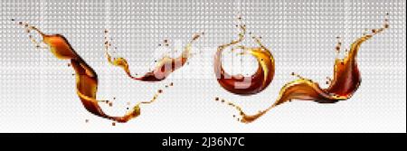 Splashes of cola, coffee, rum or whiskey drinks, liquid brown waves and curls with drops. Beverage splashing and flowing advertising or package design Stock Vector