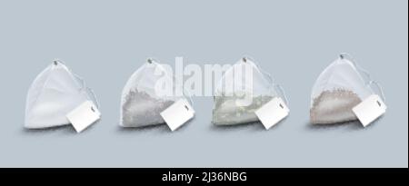 Tea bags with leaves and herbs. Vector realistic set of transparent pyramid shape teabags with blank white tag on string. Empty 3d sachet isolated on Stock Vector