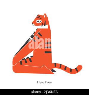 Vector isolated concept with cartoon flat animal learning yoga practice - Virasana. Korean cute tiger does Hero Pose for meditation. Simplified illust Stock Vector