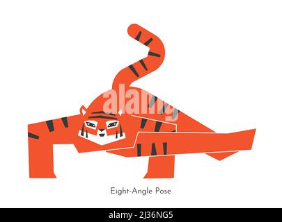 Vector isolated illustration with cartoon animal doing balancing yoga practice - Astavakrasana. Asian tiger learns Eight-Angle Pose. Geometric concept Stock Vector