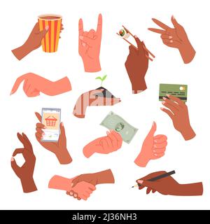 Set of hands with different gestures and holding diverse things Stock Vector