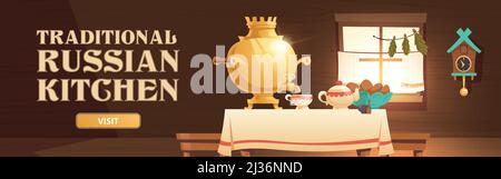 Traditional russian kitchen banner with interior of old wooden house with samovar, tea and cakes on table. Vector cartoon illustration of original cui Stock Vector