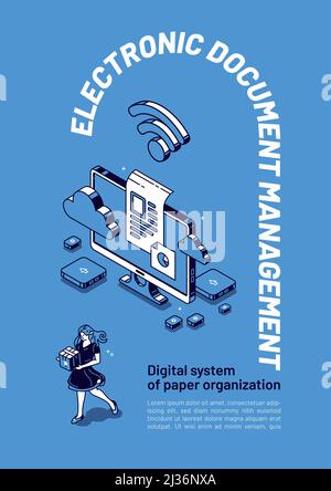 Electronic documents management isometric web banner, online paperwork organization and storage concept. Business data management, administration, wif Stock Vector