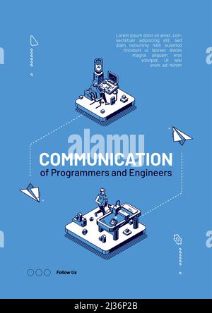 Programmers and engineers communication isometric web banner with man create new project on computer and worker in uniform working on manufacture fact Stock Vector