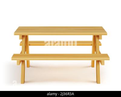 Wood picnic table with benches, wooden furniture for outdoor bbq dining, garden desk isolated on white background. Graphic design object, equipment fo Stock Vector