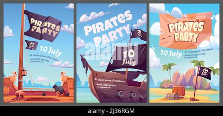 Pirates party kids adventure cartoon posters with treasure chest with gold on secret island, filibuster ship with jolly roger flag and cannon, invitat Stock Vector