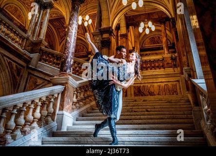 Principal dancer Jerome Anthony Barnes as Rudolf and soloist Claire Souet as mistress Mary Vetsera, during a photocall ahead of Scottish Ballet's world premiere of The Scandal at Mayerling, in the City Chambers, Glasgow. Picture date: Wednesday April 6, 2022. Stock Photo