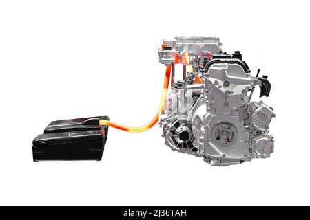 Hybrid EV car engine, Electric motor assist Internal Combustion Engine system isolated on white background. Stock Photo