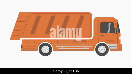 orange city dump garbage truck side view vector flat illustration Stock Vector