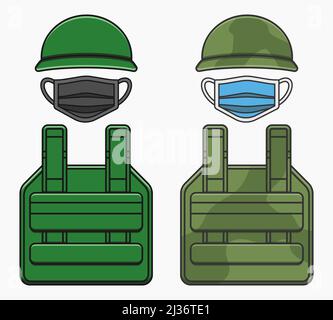 army bulletproof vest and helmet with medical mask vector flat illustration Stock Vector