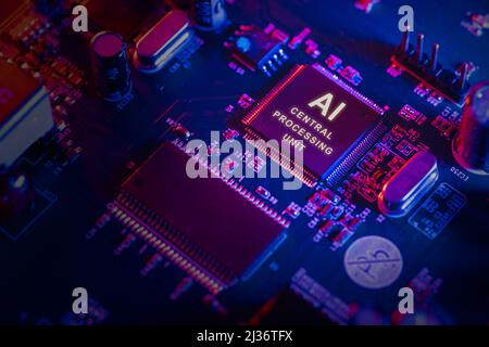 AI central processing unit chip in modern smart and learning electronic device. Stock Photo