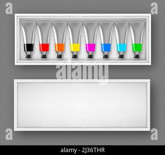 Set of paints tubes in box top view, colorful palette with oil or acrylic dye in metal aluminium bottles with black screw caps isolated on transparent Stock Vector