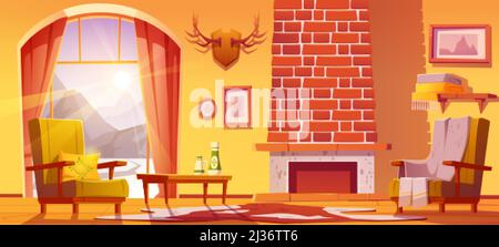 Chalet house interior with fireplace and mountains behind window. Vector cartoon illustration of traditional lodge, mountain cottage living room with Stock Vector