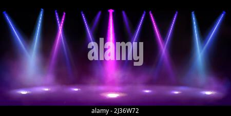 Stage lights, spotlight beams with smoke on black background, glowing studio or theater scene lamp rays, purple illumination on floor and ceiling for Stock Vector