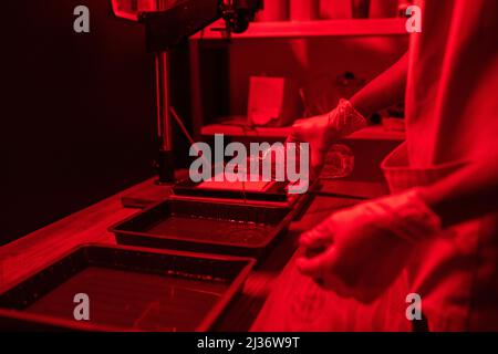 Unrecognizable young man with protective gloves on hands working in darkroom poring photo developing liquid into plastic containers Stock Photo