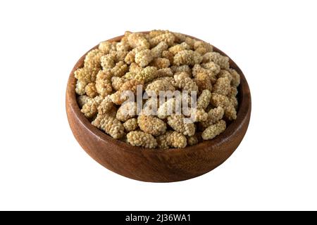 Bowl full of dried mulberry on a white background Stock Photo