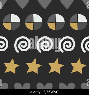 Simple striped pattern with hearts, stars and spirals in a row on black background. Stock Vector