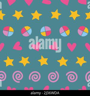 Simple striped pattern with hearts, stars and spirals in a row on green background. Stock Vector