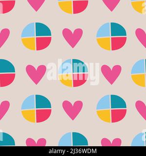 Colorful simple geometric seamless pattern with heart and colour wheel. Stock Vector