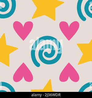 Simple pattern with hearts, stars and spirals on light background. Stock Vector