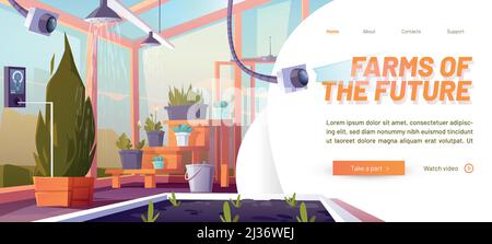 Farms of the future cartoon landing page. Smart futuristic technologies in farming industry. Digital devices in greenhouse automatically control plant Stock Vector