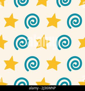 Stars and spirals simple geometric seamless pattern. Stock Vector
