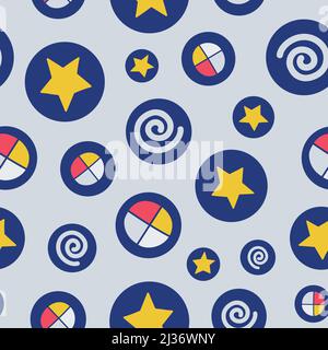 Dark blue bubbles with geometric shapes inside seamless pattern on light background. Stock Vector