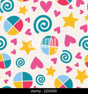 Colorful simple pattern with hearts, stars, spirals on light background. Stock Vector