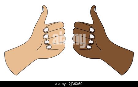 White and black hands showing thumbs up gesture. Positive racial communication concept vector illustration. Stock Vector