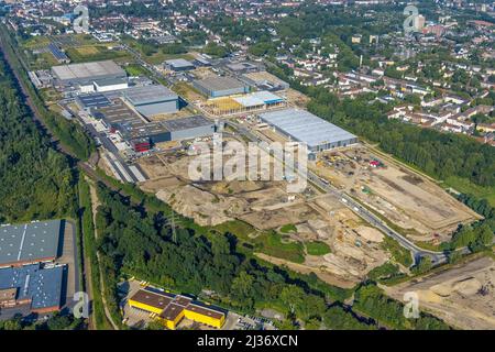 Aerial view, construction site commercial area and industrial park Schalker Verein at Europastrasse with Wheels Logistic, bilstein group logistics cen