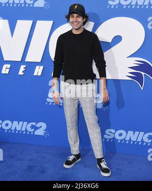 Los Angeles, USA. 05th Apr, 2022. David Dobrik arrives at the SONIC THE HEDGEHOG 2 Los Angeles Premiere held at the Regency Village Theater in Westwood, CA on Tuesday, ?April 5, 2022. (Photo By Sthanlee B. Mirador/Sipa USA) Credit: Sipa USA/Alamy Live News Stock Photo