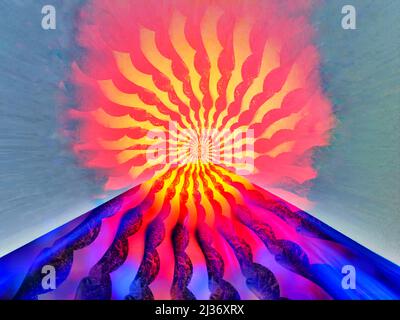 Spiral full of light and fire to the top of a blue mountain. Concept of cyclical thinking, concept of cycle "birth-death-rebirth". Stock Photo
