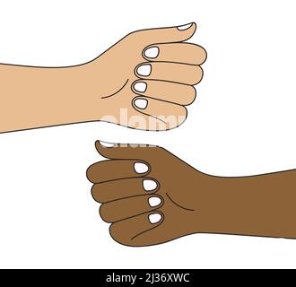 White and black mans fists isolated on background. Human hand vector illustration. Stock Vector