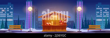 Street fastfood cafe at winter night cityscape background with skyscrapers. Outdoor cafeteria wooden stall on sidewalk with lamps and benches. Fast fo Stock Vector