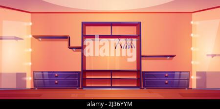 Modern walk in closet with wardrobe shelves for clothes and shoes, hangers for dresses and big mirrors with light bulbs. Vector cartoon interior of em Stock Vector