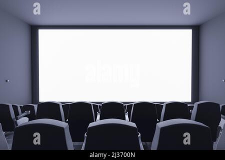 3d illustration of cinema auditorium with rows of empty seats and white screen for premiere poster Stock Photo