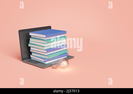 3d illustration of stack of textbooks placed on opened netbook near luminous lightbulb for concept of studies and research on pink background Stock Photo