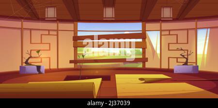 Old dojo, traditional japanese room for karate and meditation. Vector cartoon interior of empty abandoned dojo with broken wall, mats, hole in floor a Stock Vector