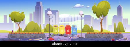 Dirty city park with trash bins for separate and recycle garbage, wooden benches and town buildings on skyline. Vector cartoon landscape of public gar Stock Vector