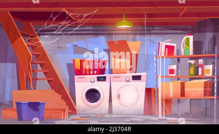 Storage room with laundry equipment in house basement. Vector cartoon interior of old home cellar with washing and dryer machine, dirty boxes on shelv Stock Vector