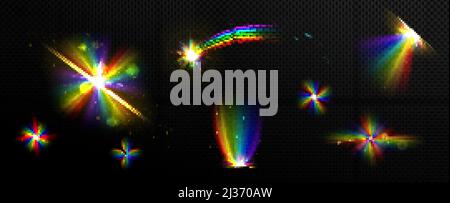 Rainbow crystal light, prism flare reflection, lens refraction, falling star, glass, jewelry or gem stone glare, optical physics effect isolated on bl Stock Vector