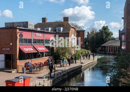 Costa Coffee Training Academy, a coffee shop in Newbury Berkshire UK beside the Kennet and Avon Canal with people sitting outside