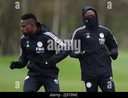 Leicester City's Daniel Amartey (left) and Leicester City's Patson Daka during a training session at the LCFC Training Ground, Leicester. Picture date: Wednesday April 6, 2022. Stock Photo