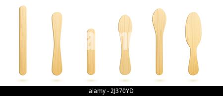 Popsicle sticks, wooden elements for holding ice cream, tongue depressor for throat medical examination different shapes and sizes isolated on white b Stock Vector