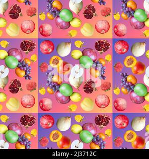 Seamless colorful pattern with various fruits on a color gradient background Stock Photo