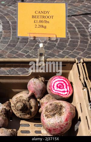 Candy beetroot for sale on a farmers market, candy cane beets Stock Photo