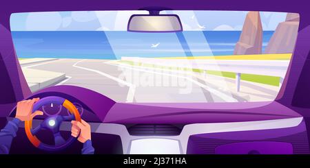 Sea beach view from car interior through windshield. Vehicle salon inside with hands on steering wheel and dashboard. Vector cartoon landscape of high Stock Vector