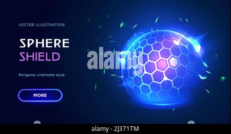 Energy glowing sphere, force shield bubble. Power protective defense dome or protection field. 3d safety blue ball barrier. Firewall absolute protect. Landing page for antiviral futuristic technology. Stock Vector